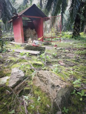 Perak, Malezya. 22 Haziran 2020: Kg Koh Palm Petrol Çiftliği 'ndeki toprak tanrısına saygı göstermek için çiftlik içine beton minyatür sunak inşa edildi.