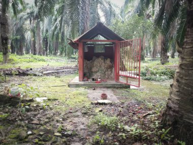 Perak, Malezya. 22 Haziran 2020: Kg Koh Palm Petrol Çiftliği 'ndeki toprak tanrısına saygı göstermek için çiftlik içine beton minyatür sunak inşa edildi.