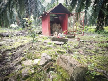 Perak, Malezya. 22 Haziran 2020: Kg Koh Palm Petrol Çiftliği 'ndeki toprak tanrısına saygı göstermek için çiftlik içine beton minyatür sunak inşa edildi.