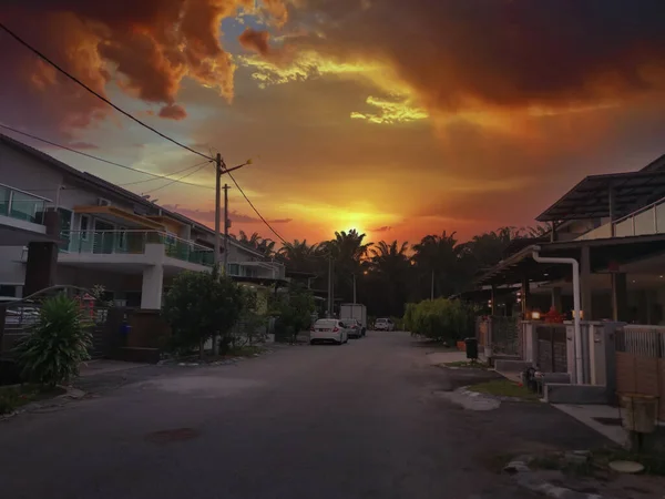 Perak Malásia Julho 2020 Bela Cena Céu Matinal Fila Casas — Fotografia de Stock