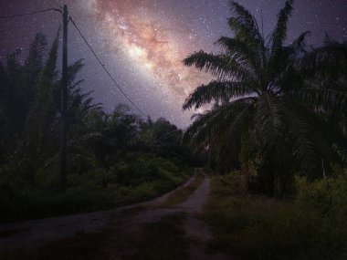 Kırsal yolda ilerlerken gece galaksisi sahnesi