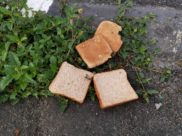 Fatias Indesejadas Pão Marrom Jogado Pela Beira Estrada Pública — Fotografia de Stock