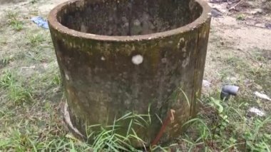 Eski, gri beton bir kuyunun görüntüleri. Çiftlikte sığ su var..