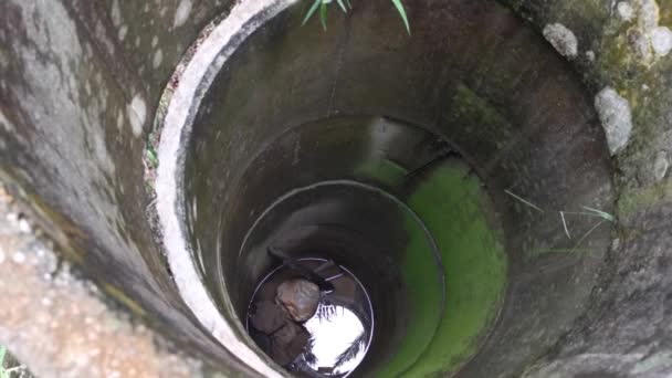 Aufnahmen Eines Alten Verlassenen Grauen Betonzementbrunnens Mit Flachem Wasser Der — Stockvideo