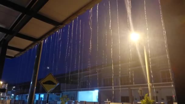 Footage Heavy Rain Pouring Balcony Porch Night — Stock Video