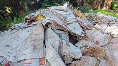 Perak, Malezya. 15 Eylül 2025: KgKoh çiftliğindeki izole hurdalıkta bulunan polipropilen tahıl çuvalları yığını.