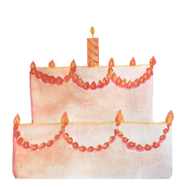 Bolo de aniversário com uma vela. ilustração aquarela para design — Fotografia de Stock