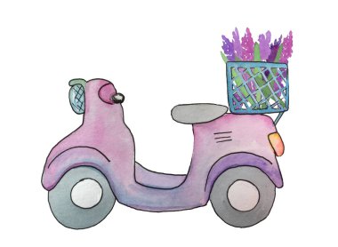 Scooter çiçek, kart tasarımı için el çizim suluboya illüstrasyon, davetiyeler, afişler.