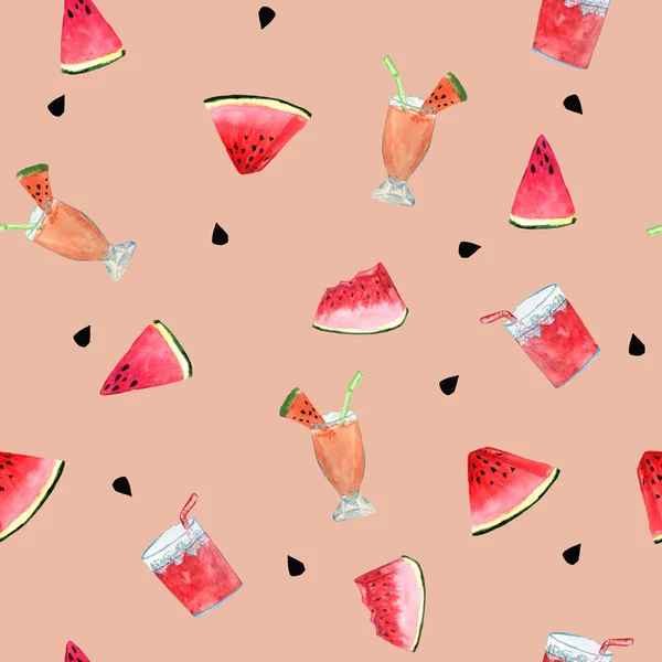 Patroon met plakjes watermeloen zaden en cocktails op een roze achtergrond. Aquarel illustratie van de handtekening voor het ontwerp van kaarten, afdrukken, stoffen, banners. — Stockfoto