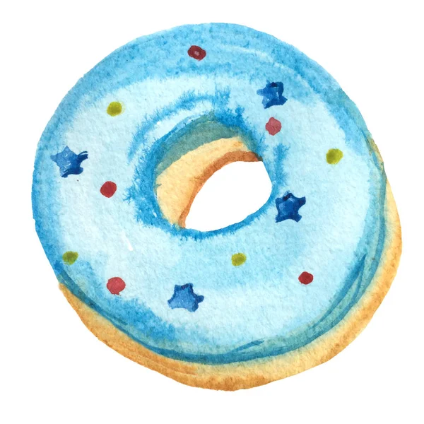 Aquarel donut met blauw glazuur geïsoleerd op witte achtergrond. — Stockfoto