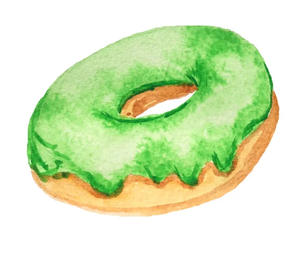 甜甜圈与绿色结冰的白色背景。设计水彩插图 — 图库照片
