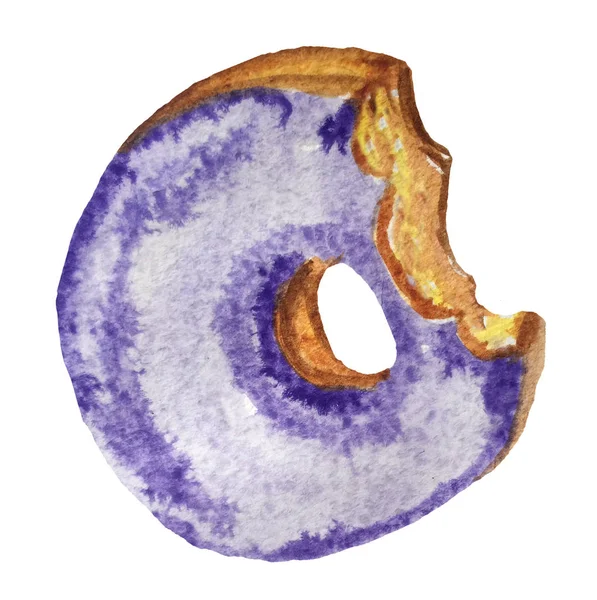 Gebissener Donut mit fliederfarbener Glasur auf weißem Hintergrund. Aquarell-Illustration zur Gestaltung — Stockfoto