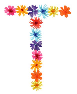 Kır çiçeklerinin suluboya harfi T. tasarım için en iyi monogram