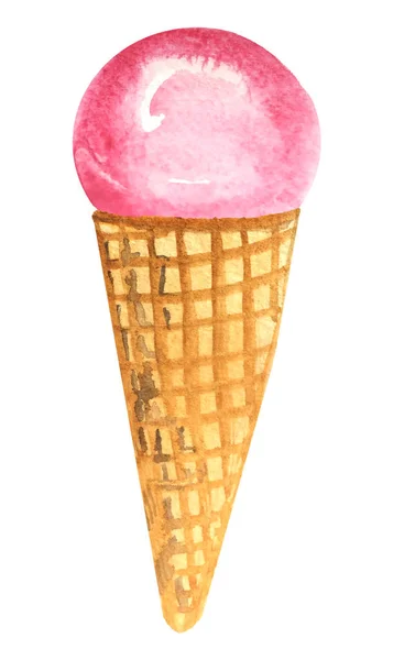 와플 콘에 수채화 아이스크림. 메뉴 디자인용 래스터 일러스트레이션 — 스톡 사진