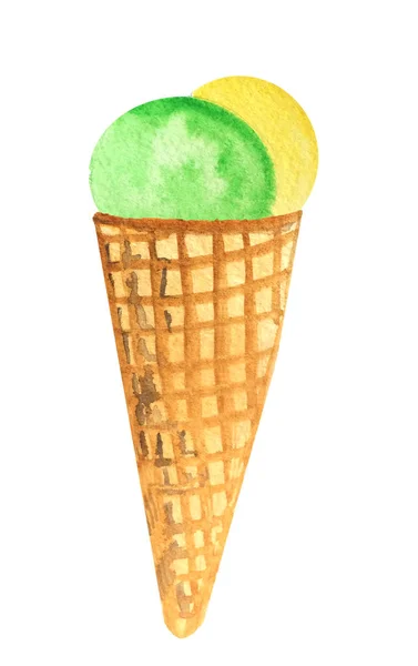 水彩冰淇淋在华夫饼圆锥。菜单设计的栅格插图 — 图库照片