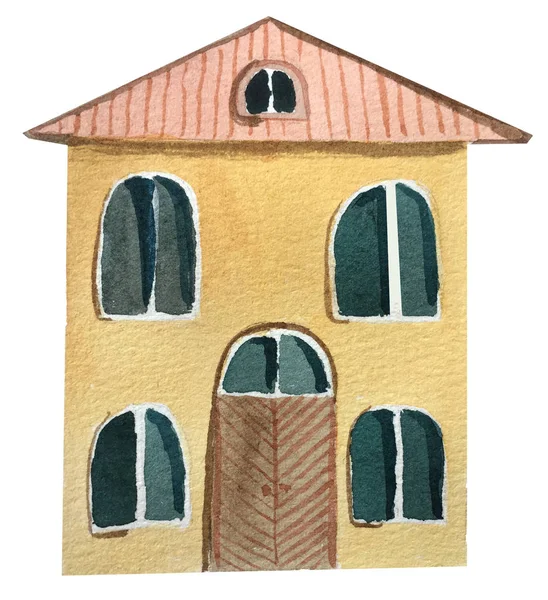 Dwupiętrowy dom Europejski z dużymi drzwiami. ilustracja akwarela — Zdjęcie stockowe