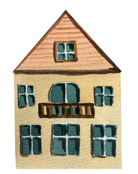 Huis met 2 verdiepingen en een balkon op een witte achtergrond. Aquarel illustratie — Stockfoto