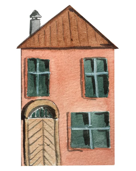 两层的红色房子，白色背景上有一扇大门。设计水彩插图 — 图库照片