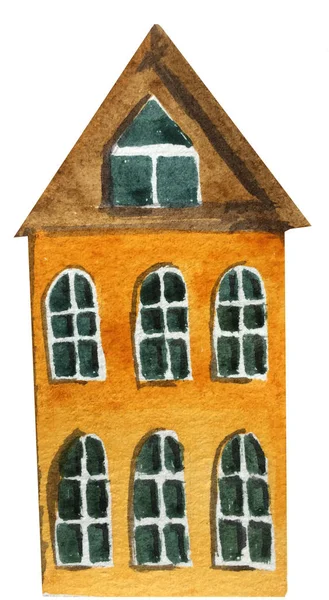 Dvoupatový dům s velkými okny na bílém pozadí. akvarel, ilustrace pro design — Stock fotografie
