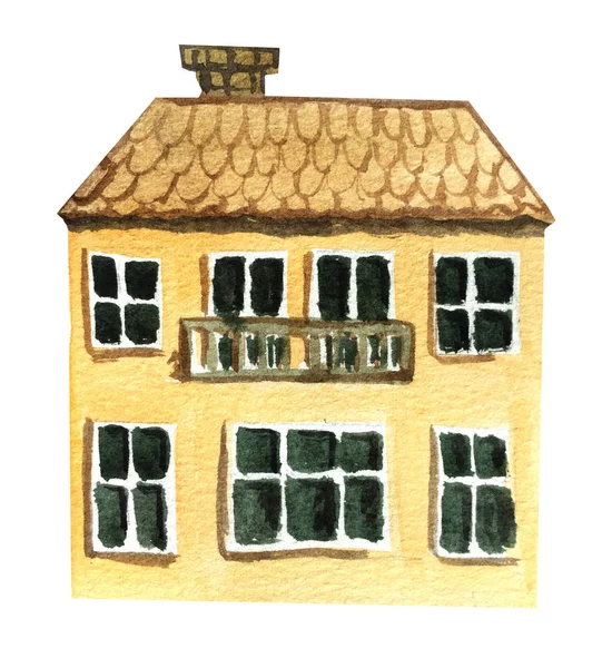 Stort 2-våningshus med balkong. akvarell illustration — Stockfoto
