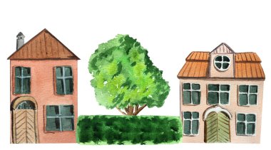 ağaçlar ve yeşil eskrim ile kentsel iki katlı vintage evler. tasarım için suluboya illüstrasyon