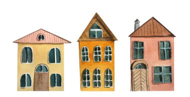 beyaz bir arka plan üzerinde kentsel iki katlı evler kümesi. tasarım için suluboya illüstrasyon