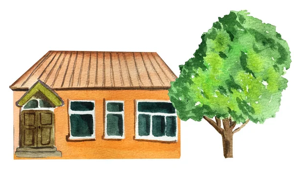 Casa de un piso de campo marrón con un árbol. ilustración de acuarela para el diseño — Foto de Stock