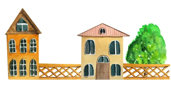 urban two-story vintage houses with a wooden fence. watercolor illustration for design