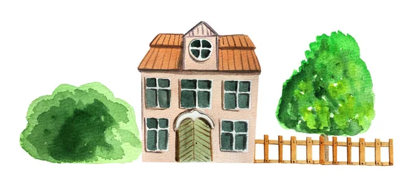 Twee verdiepingen tellend huisje met bomen en struiken op de site. Aquarel illustratie voorontwerp — Stockfoto