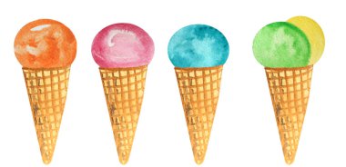 bir waffle koni renkli dondurma seti. tasarım için suluboya illüstrasyon