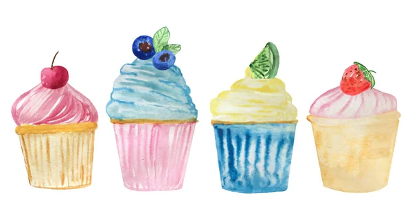 Set van aquarel Cupcakes met verschillende ornamenten van bessen en pittige kruiden. raster illustratie voorontwerp — Stockfoto