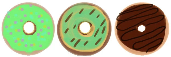 一套三个甜甜圈，有绿色和巧克力结冰。用于设计的栅格插图 — 图库照片
