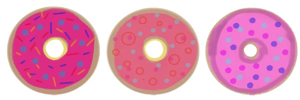 Набор из трех пончиков с розовой глазурью. растровая иллюстрация для дизайна — стоковое фото