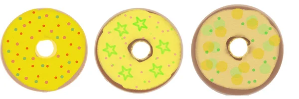一套三个带黄色结冰的甜甜圈。用于设计的栅格插图 — 图库照片