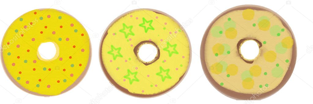 A set of three donuts with yellow icing. raster illustration for design