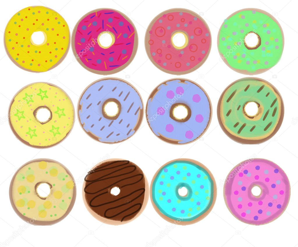big set of donuts. raster illustration for design and decoration