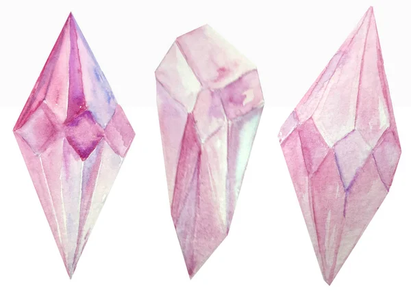 Three watercolor pink crystals on a white background. raster illustration for the design and decoration of posters, — Stock Photo, Image