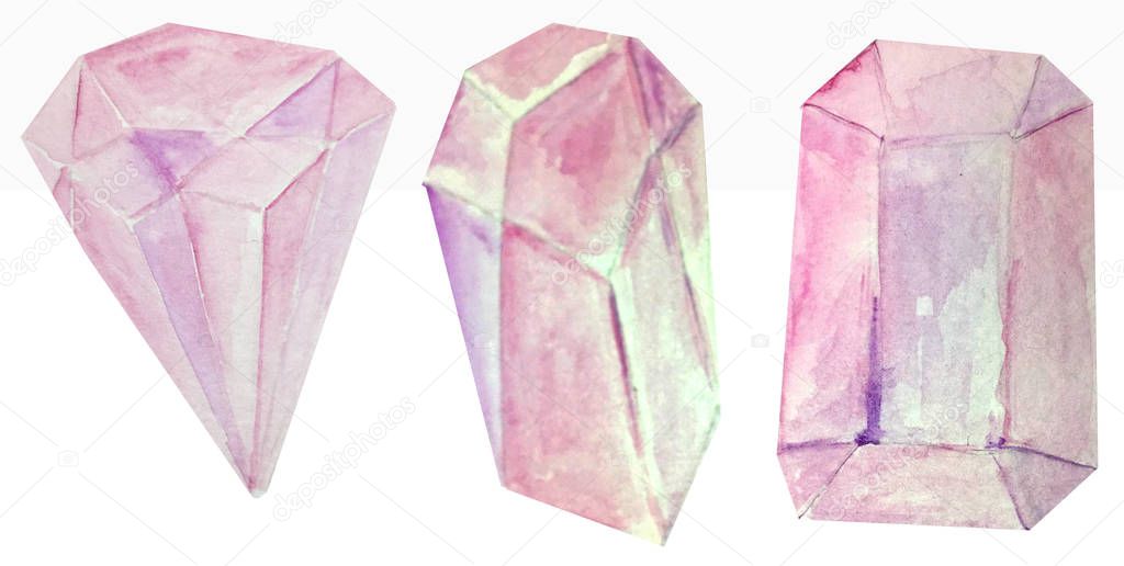 three watercolor pink crystals on a white background. raster illustration for the design and decoration of posters,