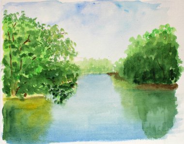 mavi yaz gökyüzü, parlak güneşli bir gün, sıcak göl ve yeşil ağaçlar. suluboya yaz manzara