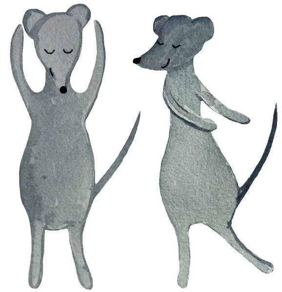 Twee dansende cartoon ratten op een witte achtergrond. Aquarel illustratie voor het ontwerp van posters, prenten, kaarten, tijdschriften. — Stockfoto