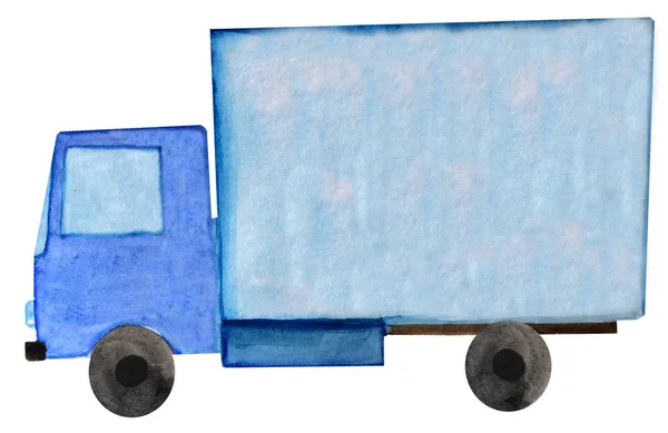 흰색 배경에 수채화 파란색 배달 트레일러 트럭입니다. 디자인용 래스터 일러스트레이션 — 스톡 사진