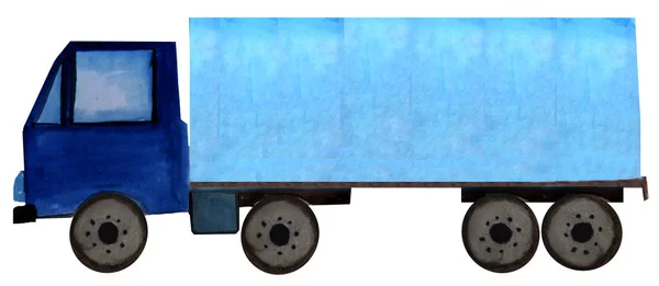 흰색 배경에 수채화 파란색 트레일러 트럭. 디자인용 래스터 일러스트레이션 — 스톡 사진