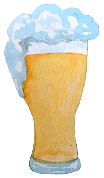 一杯带泡沫的淡啤酒。用于海报、卡片、杂志设计的水彩插图. — 图库照片