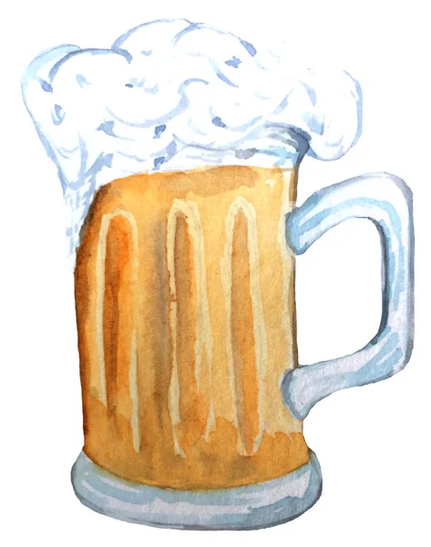 一杯带泡沫的啤酒。用于海报、卡片、杂志设计的水彩插图. — 图库照片