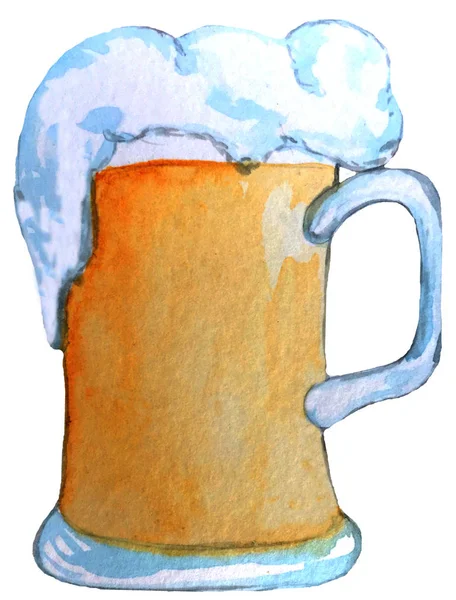 一杯带泡沫的淡啤酒。用于海报、卡片、杂志设计的水彩插图. — 图库照片