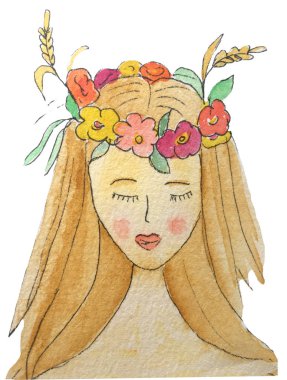 çelenk ile bir kızın karikatür portre. suluboya çizim illüstrasyon