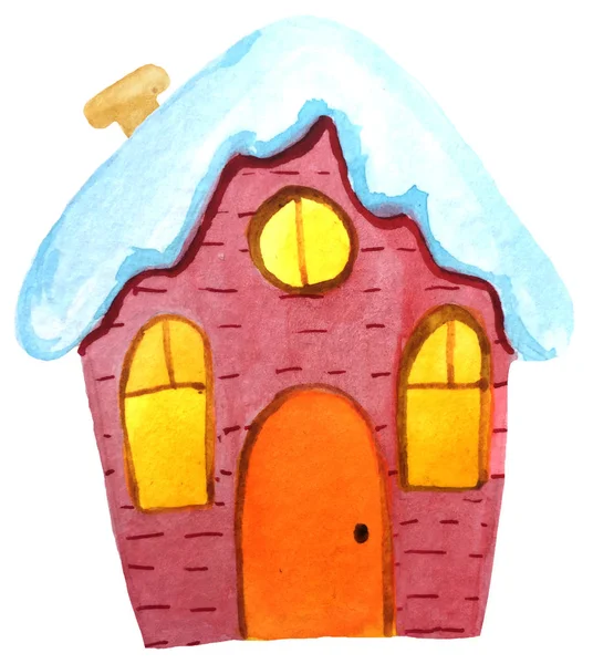 Zimní kreslený dům s dýmkou. akvarel, ilustrace ručního kreslení na bílém pozadí pro navrhování plakátů, — Stock fotografie