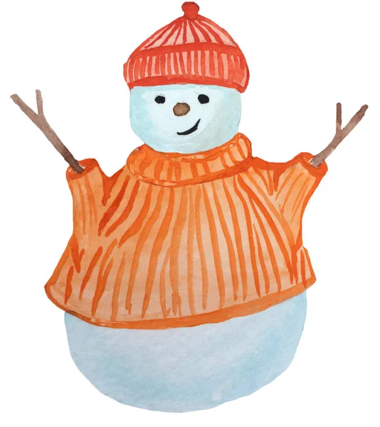 Bonhomme de neige dessin animé dans un pull et un chapeau. illustration de dessin à la main aquarelle pour la conception d'affiches, impressions, cartes — Photo