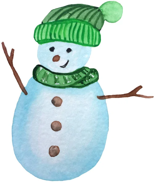 Bonhomme de neige dessin animé dans un chapeau. illustration de dessin à la main aquarelle pour affiches de design, impressions, cartes — Photo