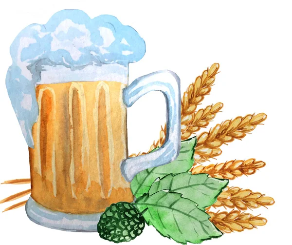 啤酒杯与小麦的耳朵,在白色背景上跳跃叶。海报、印刷品、卡片的水彩插图 — 图库照片